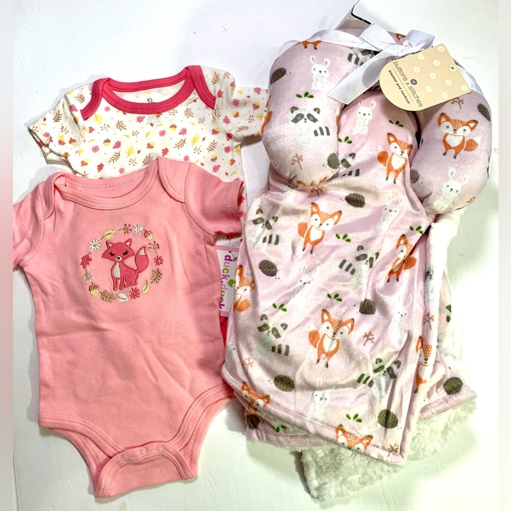 Buttons & Stitches Pink Fox & Friends Minky/Sherpa Blanket Set NWT
